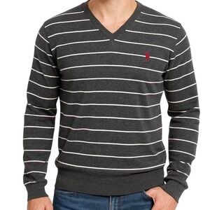 Polo Ralph Lauren V Neck Sweater 100% Pima Cotton XL Gray White Stripe Academia